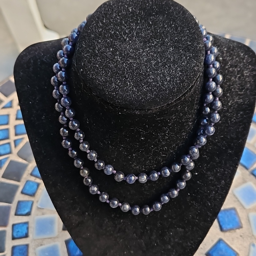 Hand Knotted Blue Stone Beaded Necklace